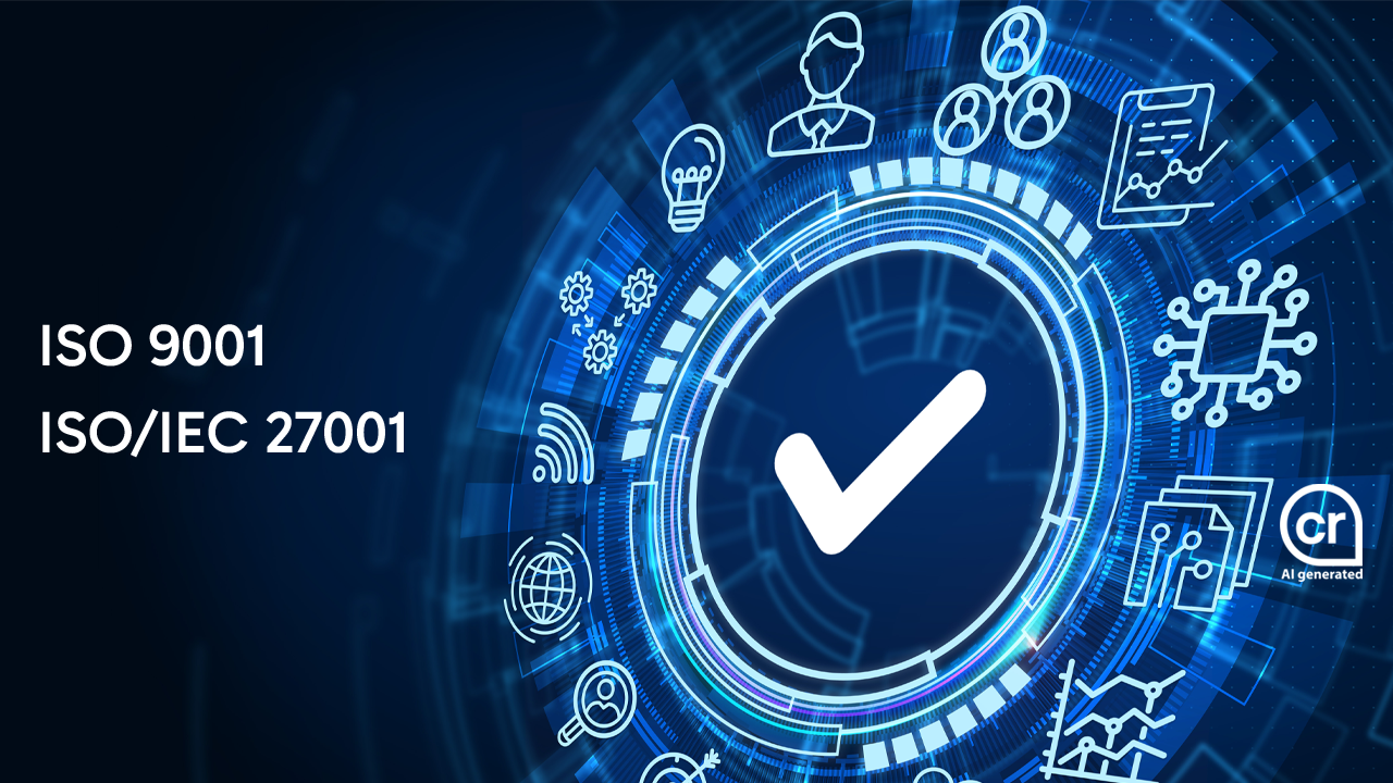 Symbolbild Zertifizierung Symbolbild Zertifizierung mit Nennung ISO 9001 und ISO/IEC 27001 sowie einem großen erledigt-Haken umgeben von blauen Overlays, die verschiedene Themen wie Prozesse, Konnektivität, Cloud, Sicherheit, Ideen- und Dokumentenmanagement, IT-Infrastruktur, etc. symbolisieren (KI generiert)