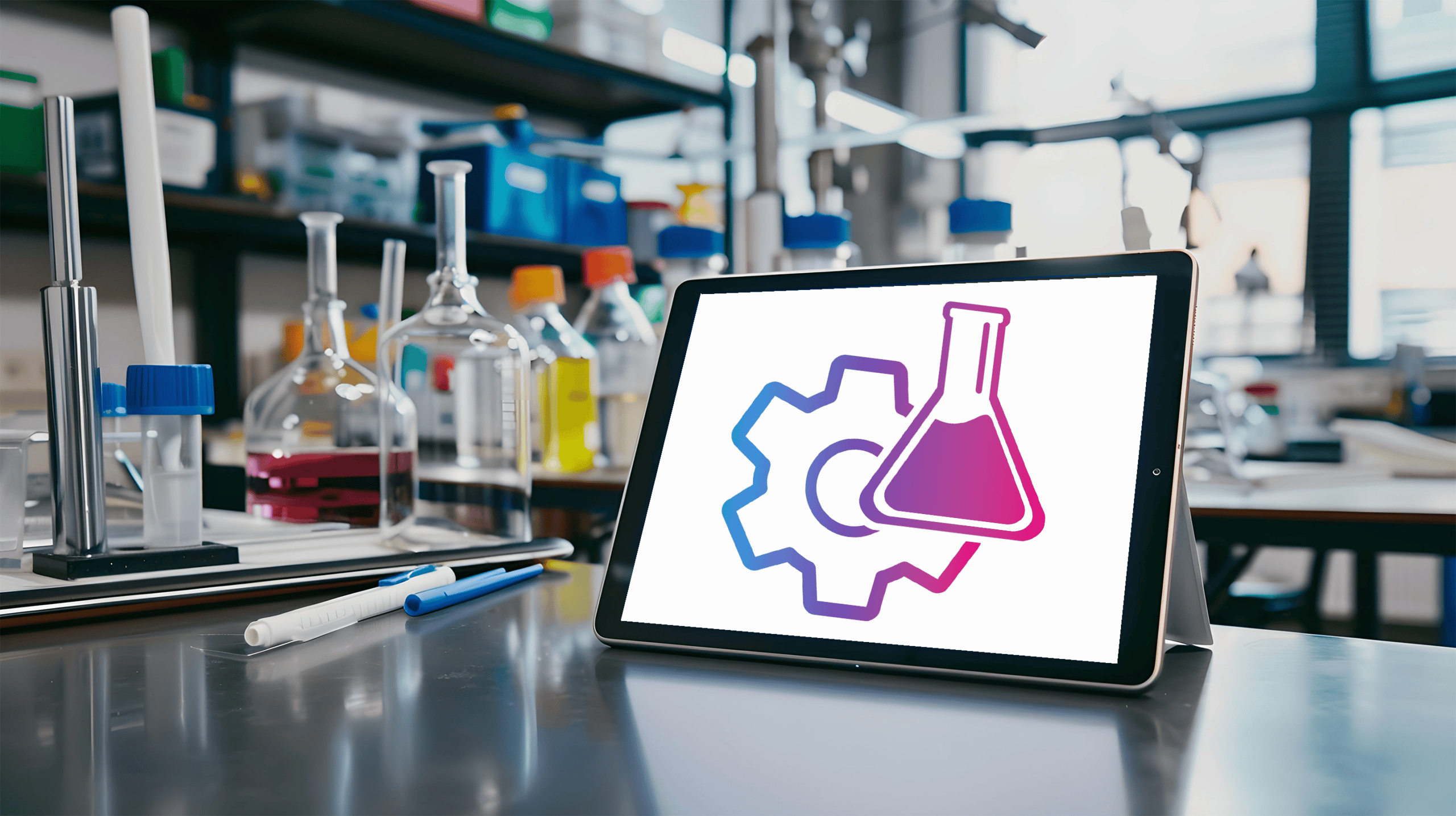 Tablet mit einem großen farbigen Zahnrad und einem Kolben als Symbole für Release Notes, das auf einer Arbeitsfläche in einer modernen Laborumgebung mit diversen Laborgefäßen steht