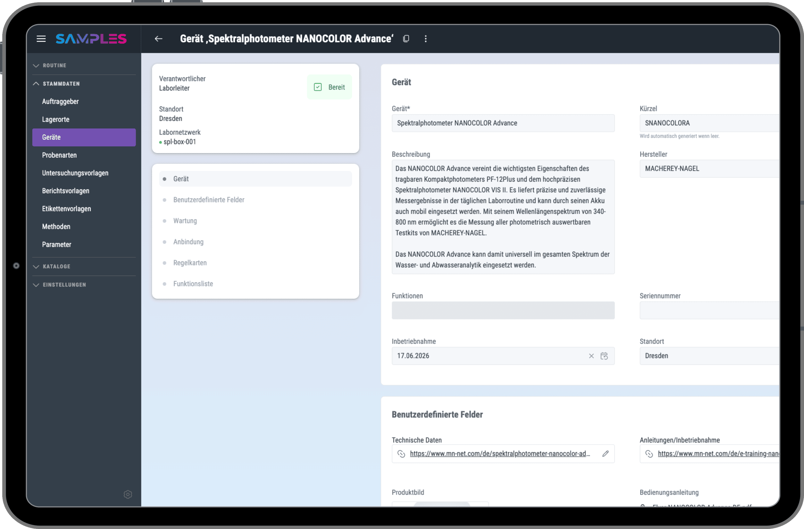 SAMPLES-Screen mit Setup Geräteintegration SAMPLES-Screen auf Tablet mit Setup Geräteintegration