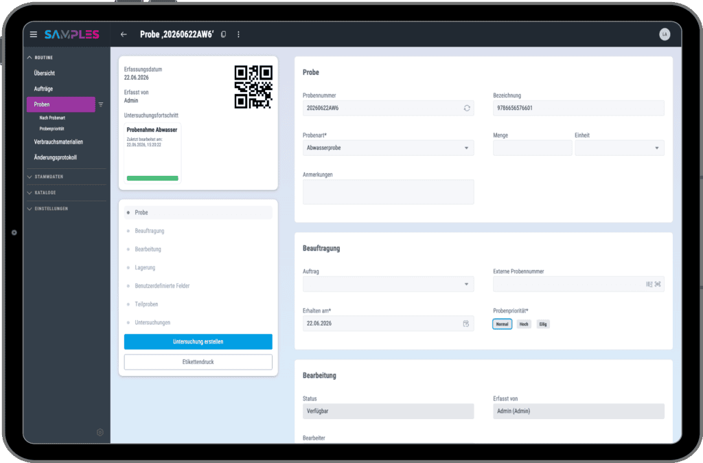 SAMPLES-Screen mit Probenansicht und Barcode SAMPLES-Screen auf Tablet mit Probenansicht inklusive Barcode